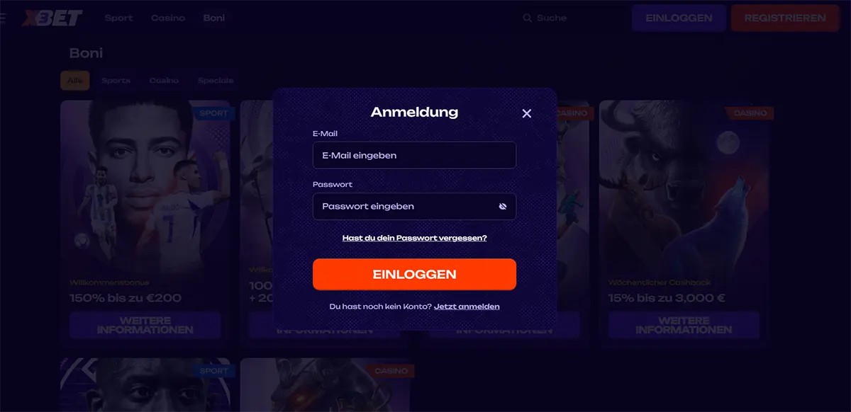 German login popup displaying email and password fields, a “forgot password” link, and an “Einloggen” (log in) button on a dark themed betting website