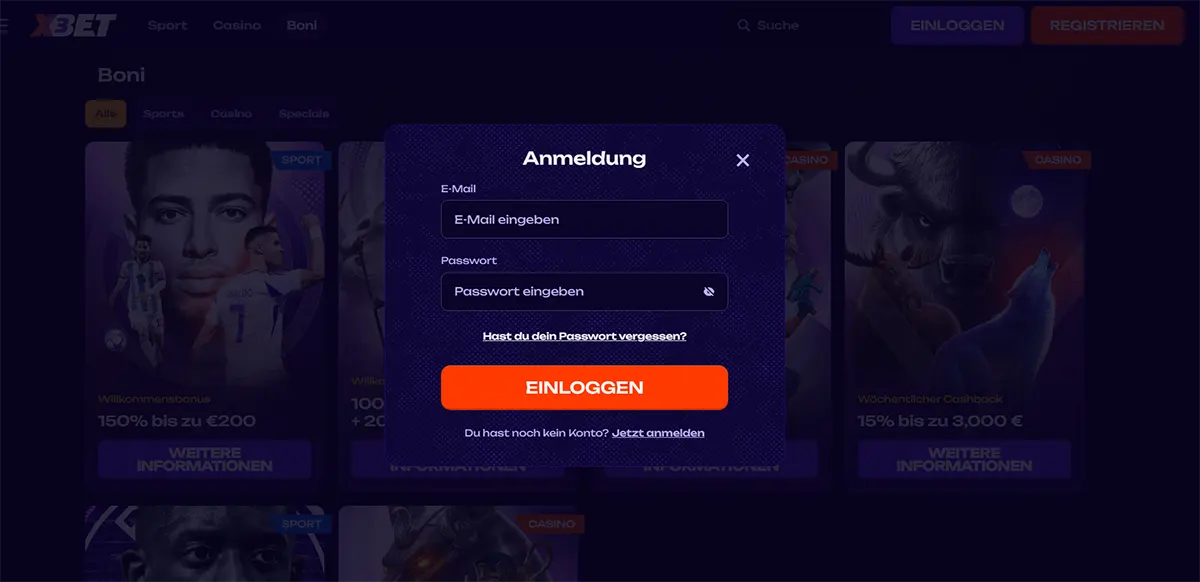 German login popup displaying email and password fields, a “forgot password” link, and an “Einloggen” (log in) button on a dark themed betting website